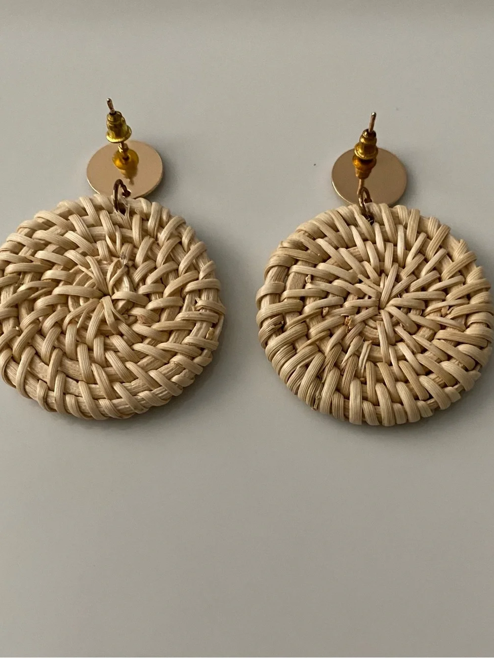 Woven Round Drop Earrings in Natural Straw with Gold Accents